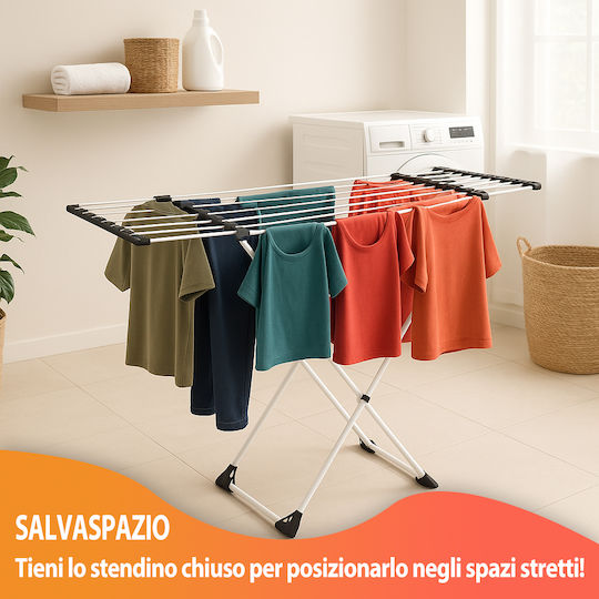 Bakaji Folding Floor Clothes Drying Rack for Garden Metallic with Wheels with Hanging Length 18m