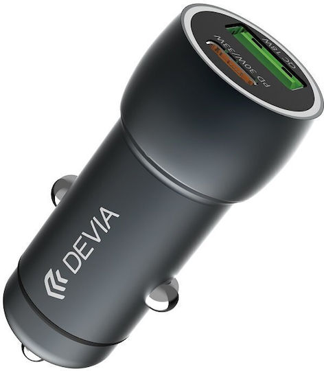 Devia Extreme Încărcător Auto 30W Încărcare Rapidă cu Porturi: 1xUSB 1xType-C Gri Culoare