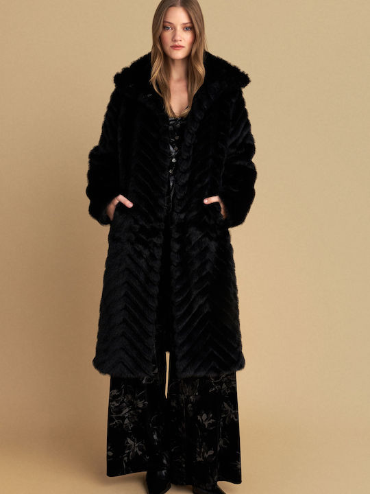 Women's Black Coat with Fur Details