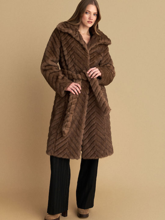 Damen Brown Mantel mit Fellbesatz