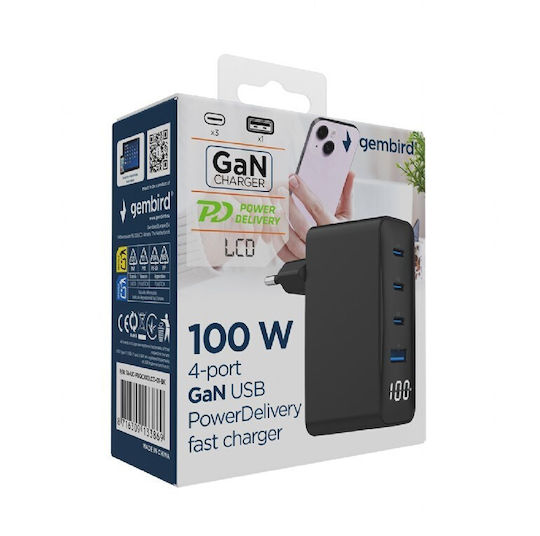 Gembird Charger Without Cable GaN with USB-A Port and 3 USB-C Ports 100W Power Delivery Blacks (TA-UC-PDQC100LCD-01-BK)