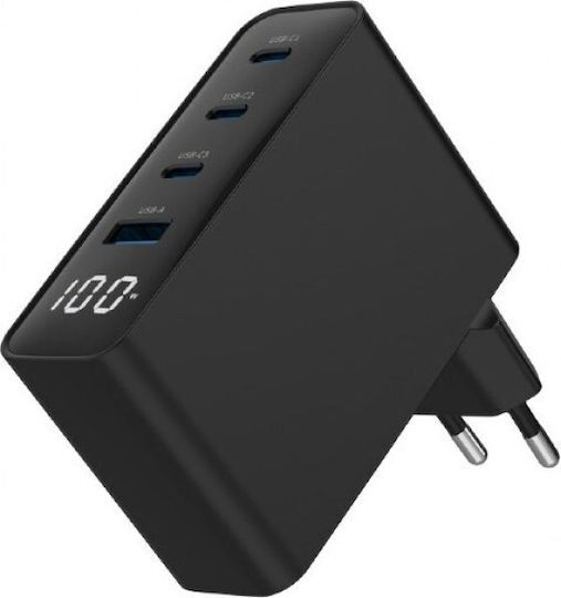 Gembird Charger Without Cable GaN with USB-A Port and 3 USB-C Ports 100W Power Delivery Blacks (TA-UC-PDQC100LCD-01-BK)
