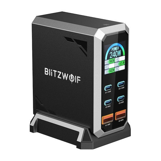 BlitzWolf Βάση Φόρτισης GaN με 2 Θύρες USB-A και 4 Θύρες USB-C 240W Power Delivery σε Μαύρο χρώμα (BW-S31)