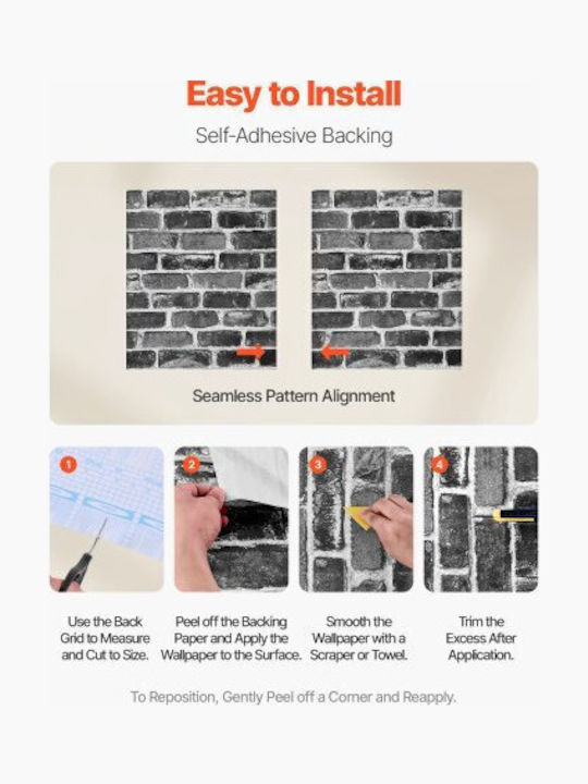 Vevor Self-Adhesive Wallpaper 45cm X 10m Gray Brick Waterproof Bedroom Bzccbzjkd40453kqp001v0