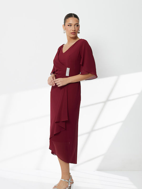 Summer Midi Evening Satin Drape Burgundy Dress