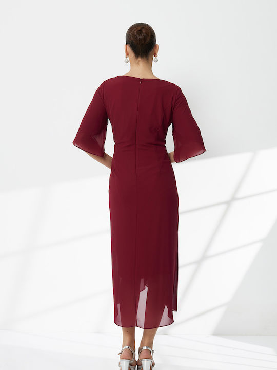 Summer Midi Evening Satin Drape Burgundy Dress