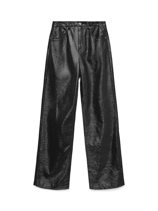 Women's High-waisted Leather Trousers Loose Fit Black