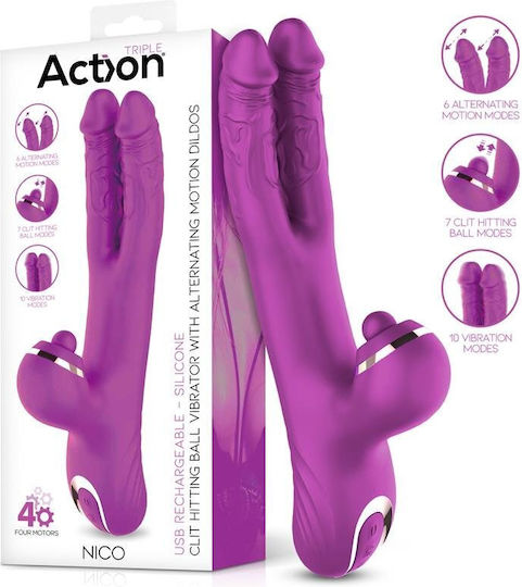 Action Vibe with Clit Hitting Ball and Alternating Dildos Διπλός Δονητής 22.6cm Μωβ