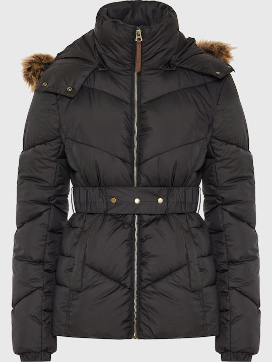Women's Long Puffer Jacket for Winter with Hood Black