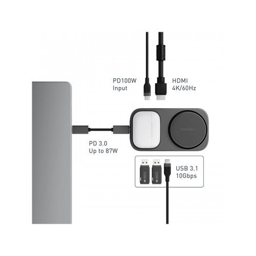 Energea Wireless Charger Qi2 with 2 USB-A Ports and 3 USB-C Ports 15W Power Delivery Gray (Widock Plus)