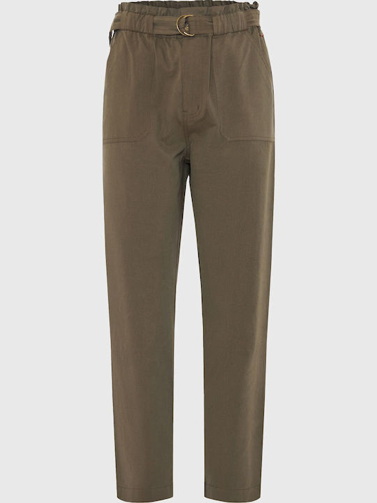 Women's High-waisted Fabric Trousers with Elastic Loose Fit Dusty Olive Green