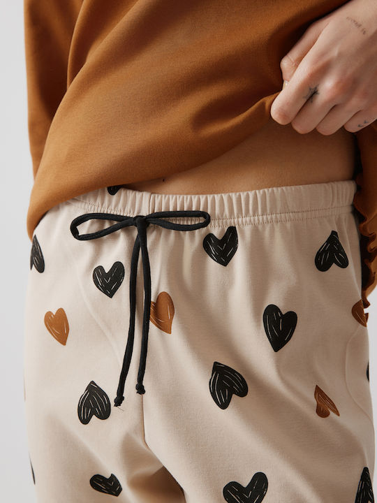 Minerva Minerva Damen Schlafanzug Set Winter Baumwollene Caramel
