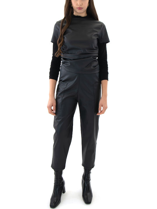 Zoya Faux Femeiesc Talie înaltă Tesatura Pantaloni cu Elastic Black