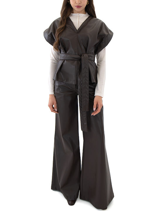 Faux Damen Hoch tailliert Stoff Hose in Weiter Linie Brown