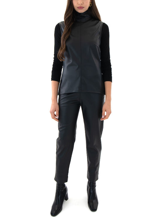 Faux Women's High-waisted Fabric Trousers Slim Fit Black