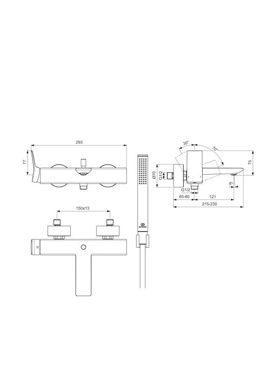 Ideal Standard Αναμεικτική Μπαταρία Μπανιέρας Πλήρες Σετ Ασημί