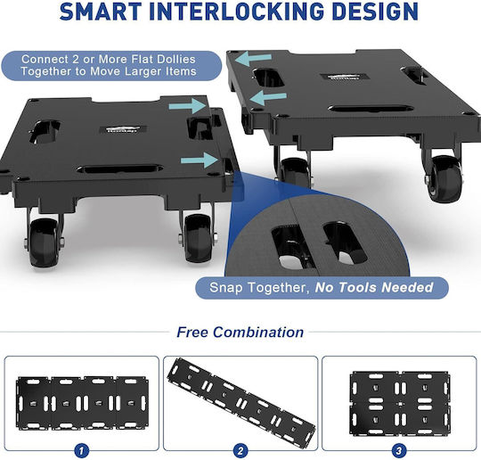 Set 4 Cărucioare Pentru Transport Mobilă Platformă De Transport Pe Roți Sistem Modular De Îmbinare Capacitate Totală Până La 800 Kg 8 Corzi Elastice Negre