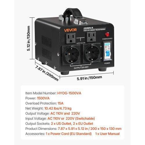 Vevor SXDYZHQSD110XHT37001V2 Transformator de la 220V la 110V 1500VA