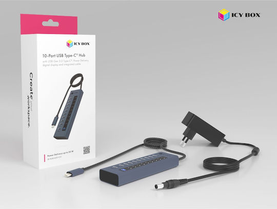 Icy Box USB-Hub 10 Anschlüsse USB 3.2 mit USB-C Anschluss Grau