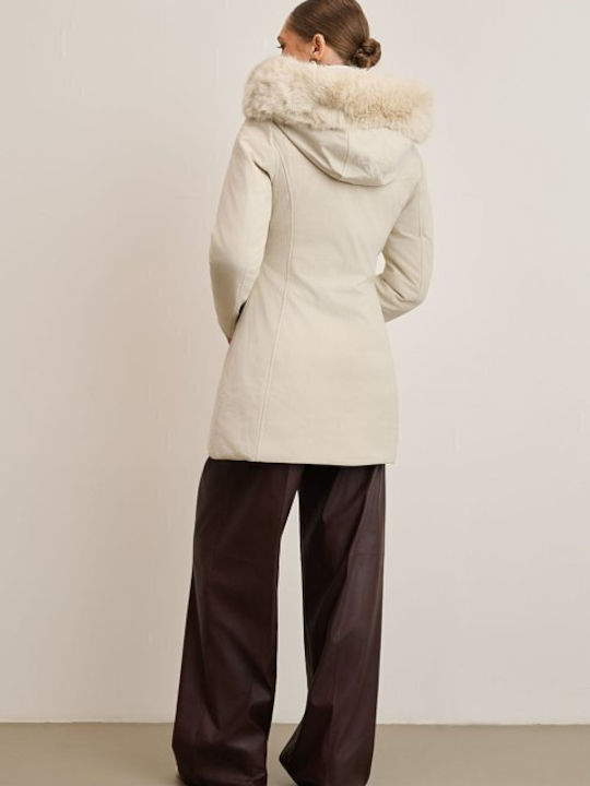 Women's Long Parka Jacket for Winter with Hood Ecru