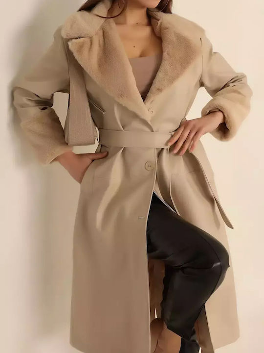 Leder Damen Black Mantel mit Fellbesatz
