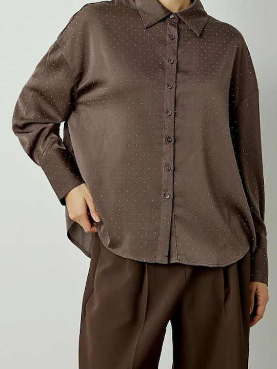 Women's Satin Long Sleeve Shirt Brown