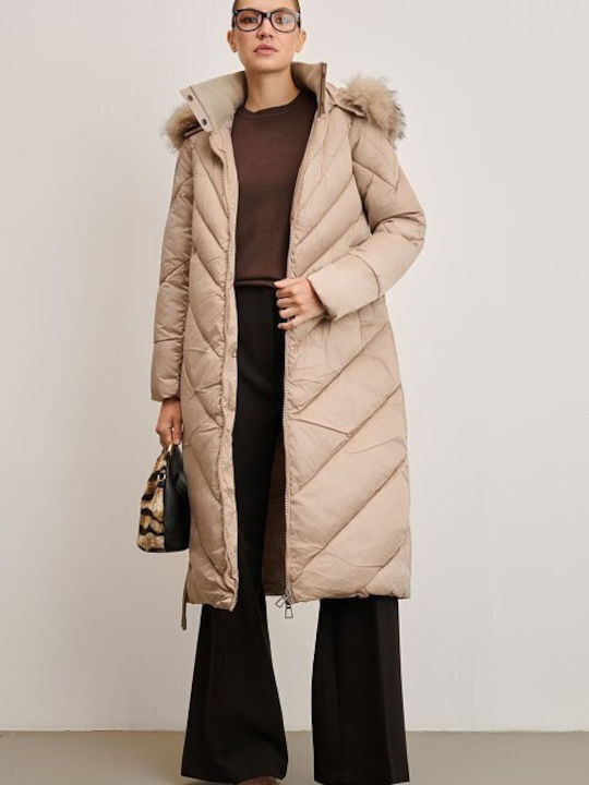 Women's Long Lifestyle Jacket for Winter with Hood Beige