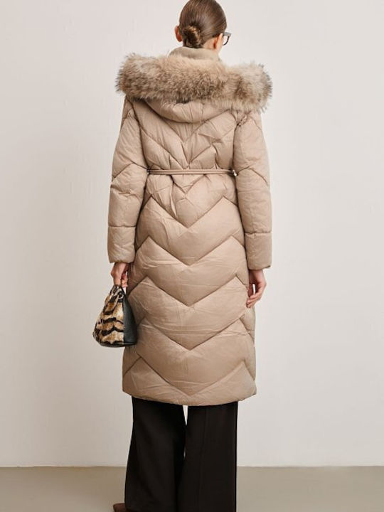 Women's Long Lifestyle Jacket for Winter with Hood Beige