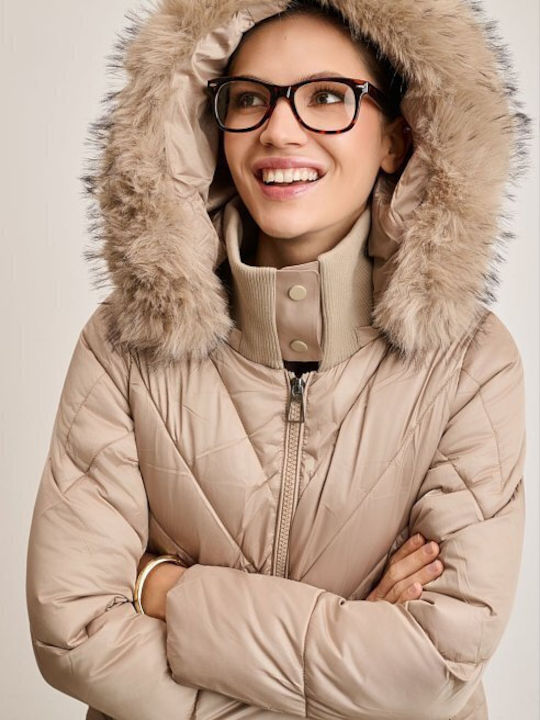 Women's Long Lifestyle Jacket for Winter with Hood Beige