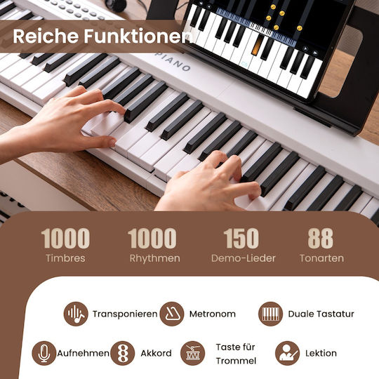 Costway Synthesizer MU10117DE-WH with 88 Dynamic Keys with Stand White