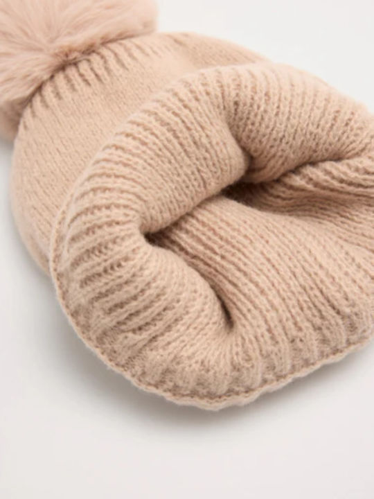 Pom Pom Beanie Beanie Knitted in Beige color