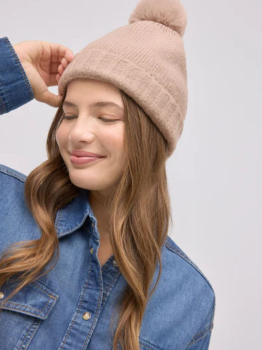 Pom Pom Beanie Beanie Knitted in Beige color