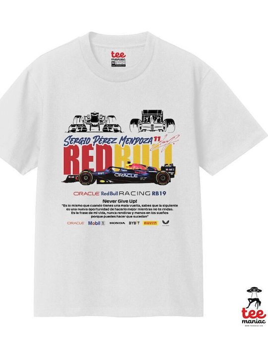 Sergio Perez F1 Red Bull Racing Classic T-shirt Double Stitching Without Side Seams White 100% Cotton Vegan & Oeko-tex Certified
