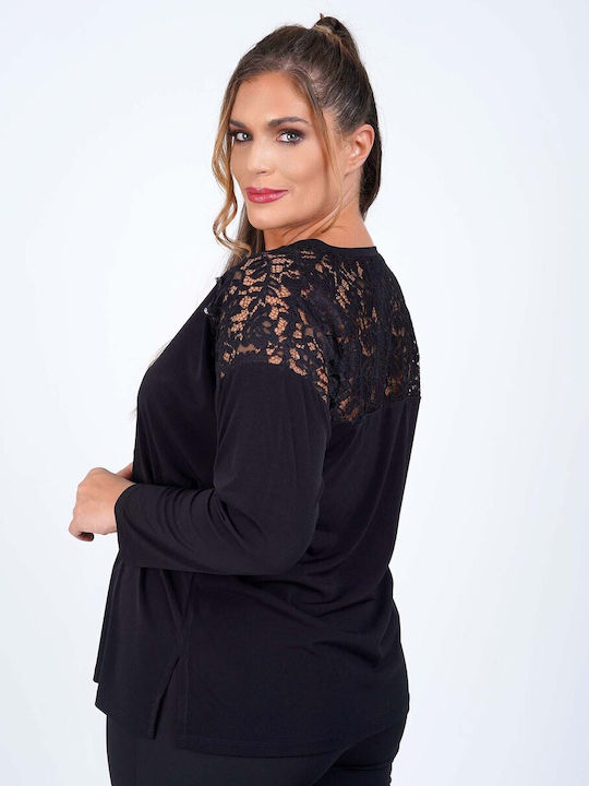 Bluza Damă Crop Top Cu Dantelă Și Transparent Negru