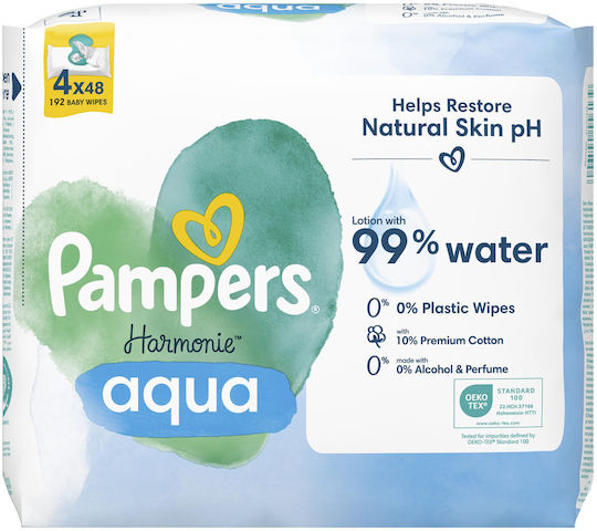 Pampers Harmonie Aqua Babytücher mit 99% Wasser, ohne Duftstoffe, Alkohol & Parabene 4x48Stk