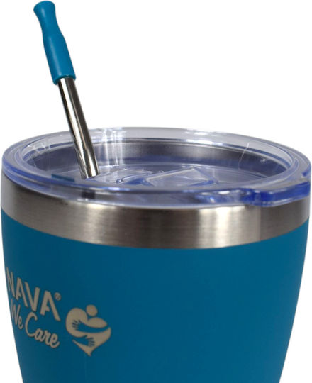 Nava Glass Thermos Stainless Steel / Plastic BPA Free 360ml Petrol with Straw