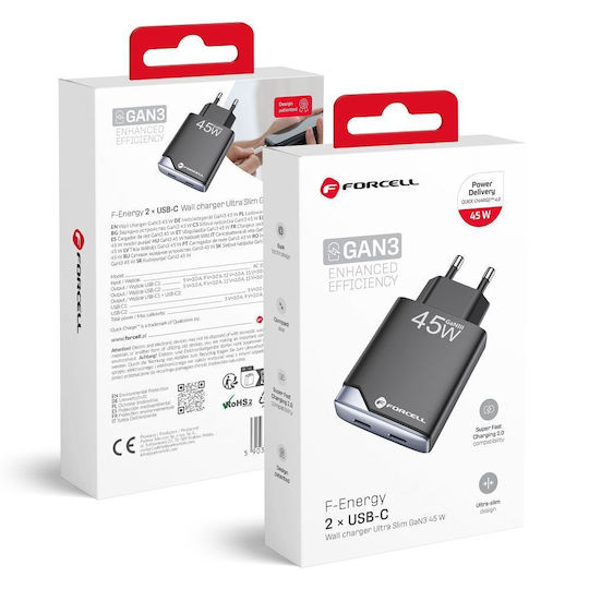 Forcell Charger Without Cable GaN with 2 USB-C Ports 45W Power Delivery / Quick Charge 4.0 Blacks (F-Energy Ultra Slim)