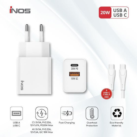 iNOS Charger with USB-A Port and USB-C Port and Cable USB-C - USB-C 20W Power Delivery / Quick Charge 3.0 Whites