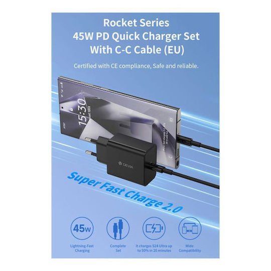 Devia Charger Without Cable with USB-C Port 45W Power Delivery Whites (Rocket)