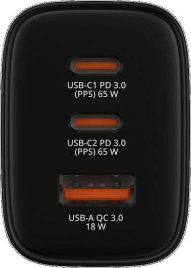 Verbatim Φορτιστής Χωρίς Καλώδιο GaN με Θύρα USB-A και 2 Θύρες USB-C 65W Power Delivery / Quick Charge 3.0 Μαύρος (Essentials)