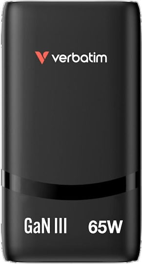 Verbatim Φορτιστής Χωρίς Καλώδιο GaN με 2 Θύρες USB-C 65W Power Delivery Μαύρος (Fold 'n' Go)