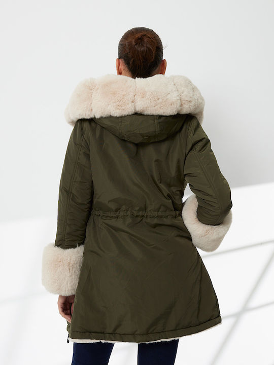 Women's Khaki Coat with Fur Details