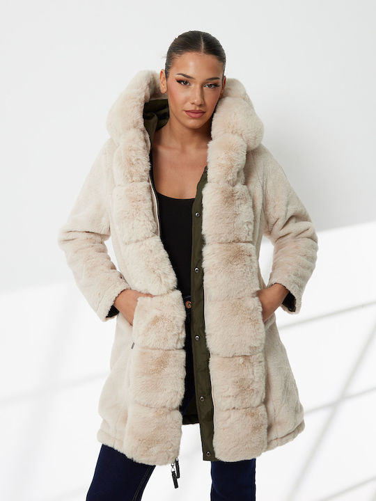 Women's Khaki Coat with Fur Details