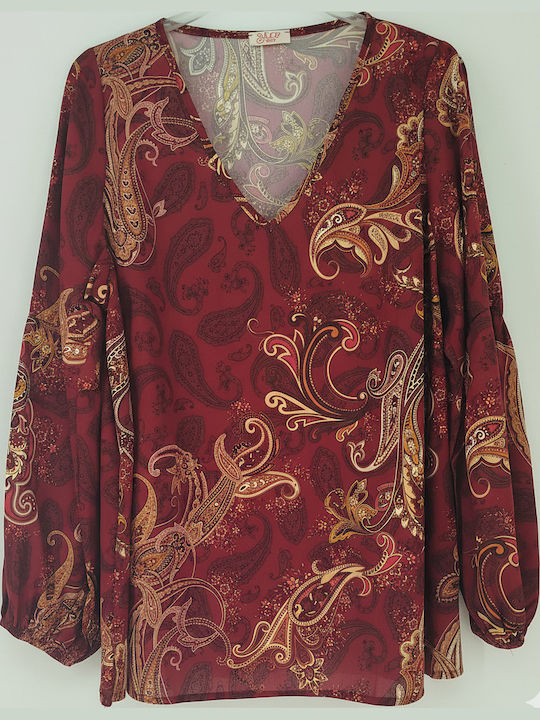 Women's Blouse Long Sleeve with V Neckline Burgundy