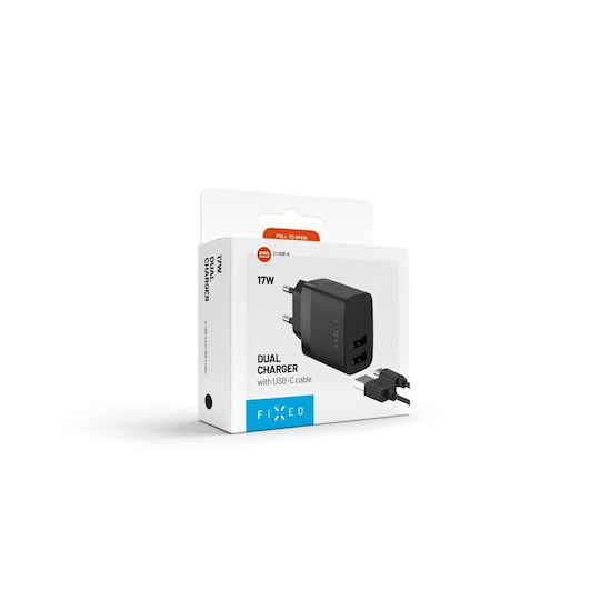 Fixed Handyladegerät mit integriertem Kabel mit 2 USB-A USB-C 17W Schwarzes