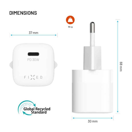 Fixed Φορτιστής Χωρίς Καλώδιο GaN με Θύρα USB-C 30W Power Delivery Λευκός (Mini)