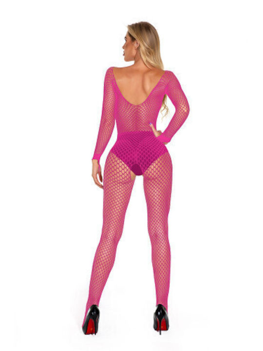 Alluring Pink Fishnet Bodysuit Long Sleeves O S