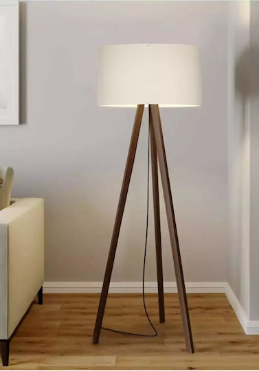 Lampadar De Podea Tripod MDF Lemn Abajur Din Țesătură E27