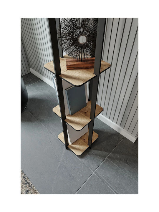 Rustic Industrial Floor Lamp Wooden Shelves – Black Metal & Warm Light 25x25x135cm