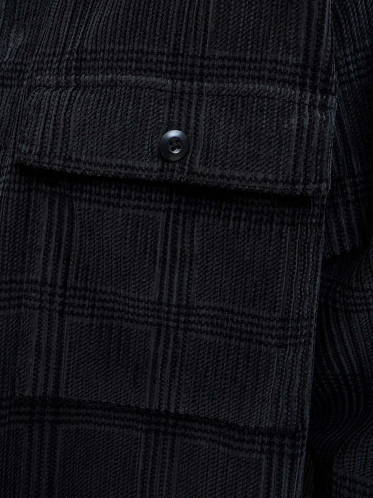 Mânecă Lungă Catifea Raiată Overshirt Carou Negru
